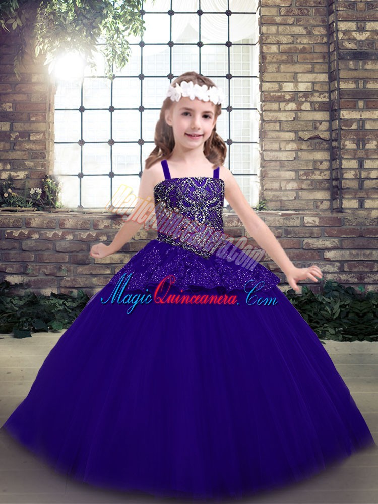 triumph High End Purple Sleeveless Tulle Lace Up Little Girls Pageant Gowns for Party and Military Ball and Wedding Party