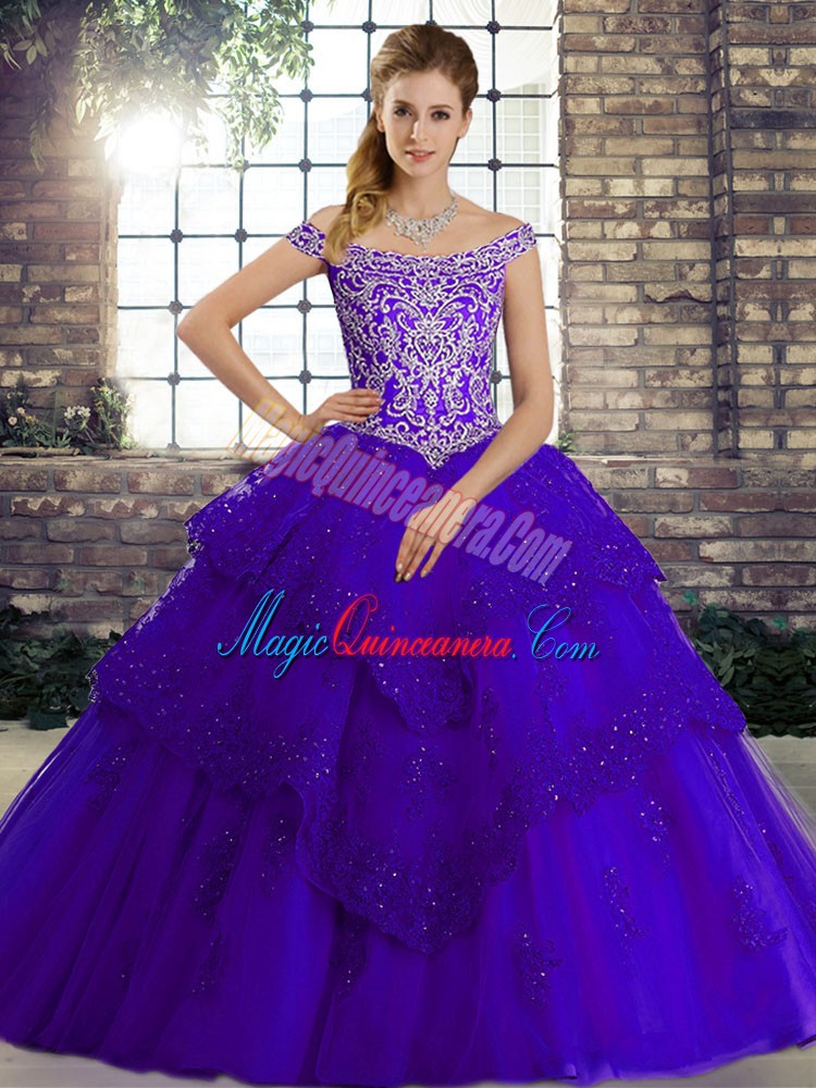 triumph Graceful Purple Quince Ball Gowns Military Ball and Sweet 16 and Quinceanera with Beading and Lace Off The Shoulder Sleeveless Brush Train Lace Up