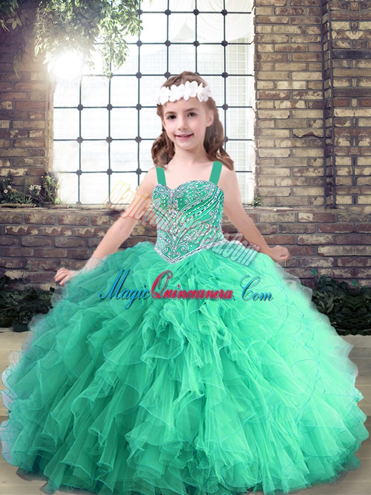 triumph Eye-catching Floor Length Ball Gowns Sleeveless Turquoise Little Girl Pageant Gowns Lace Up