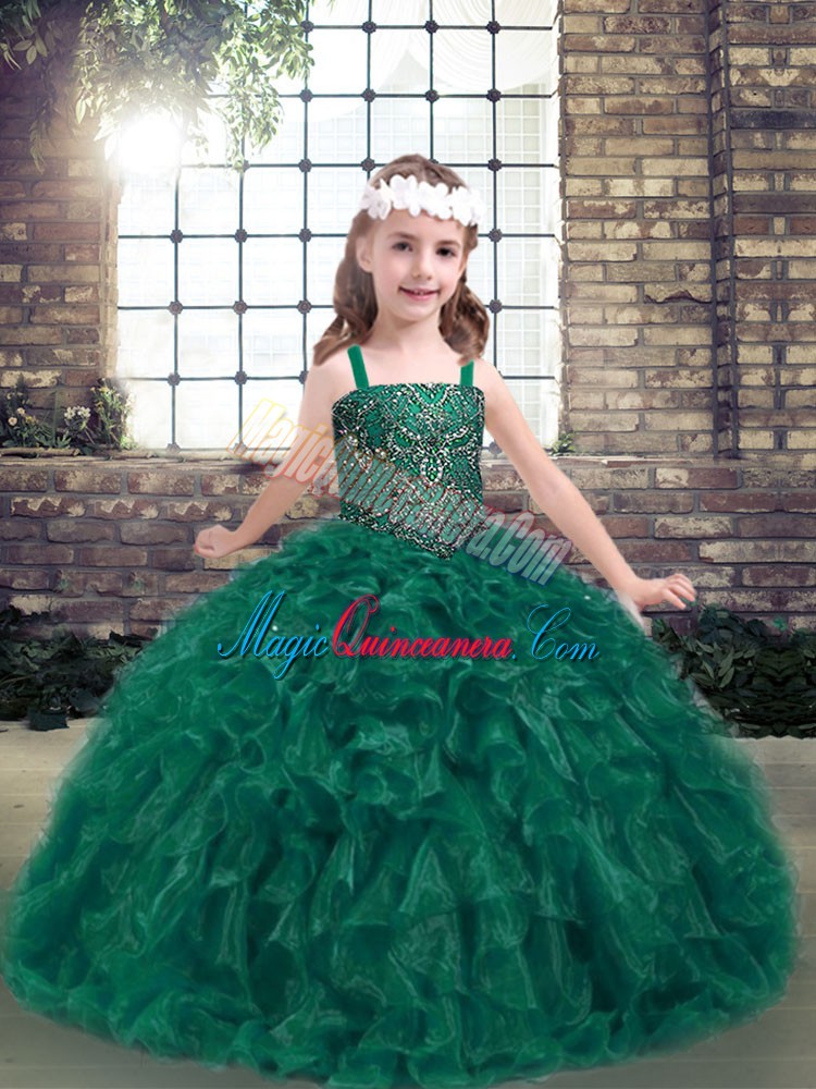 triumph Sleeveless Floor Length Beading and Ruffles Lace Up Child Pageant Dress with Dark Green