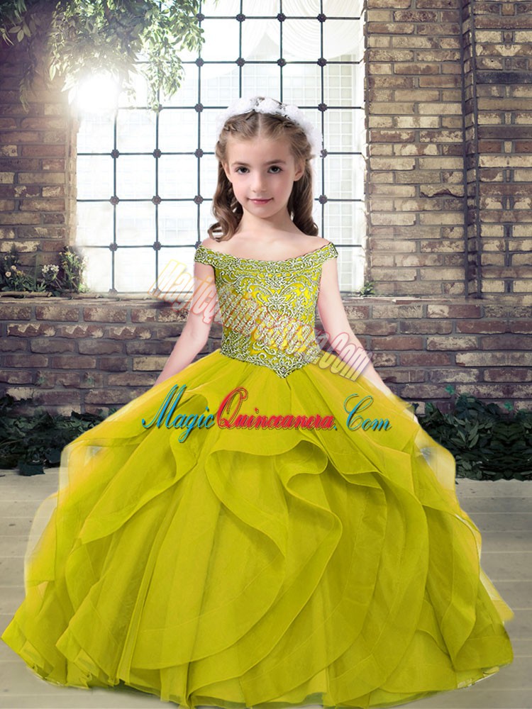 triumph Fashion Olive Green Tulle Lace Up Off The Shoulder Sleeveless Floor Length Kids Formal Wear Beading