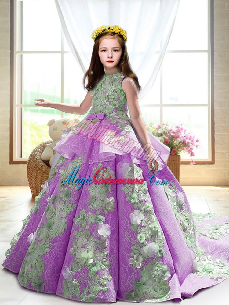 Elegant Lilac Backless Pageant Dress Appliques Sleeveless Court Train