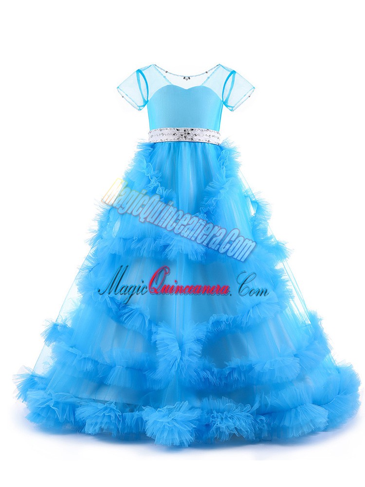 triumph V-neck Short Sleeves Winning Pageant Gowns Floor Length Beading and Ruffles Baby Blue Tulle