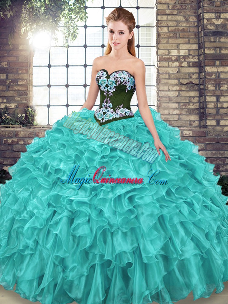 triumph Turquoise Sweetheart Neckline Embroidery and Ruffles Ball Gown Prom Dress Sleeveless Lace Up