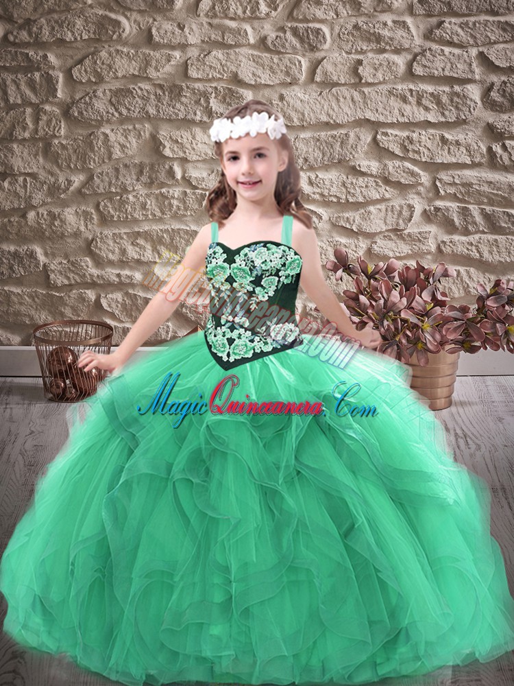  Floor Length Lace Up Pageant Dress Toddler Turquoise for Party and Wedding Party with Embroidery and Ruffles