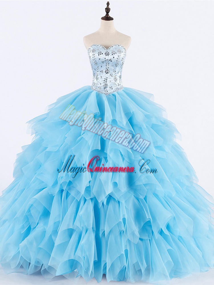 triumph Excellent Tulle Sweetheart Sleeveless Lace Up Beading and Ruffles Quinceanera Dress in Baby Blue