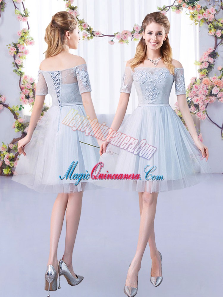 triumph Superior A-line Dama Dress for Quinceanera Grey Off The Shoulder Tulle Short Sleeves Mini Length Lace Up