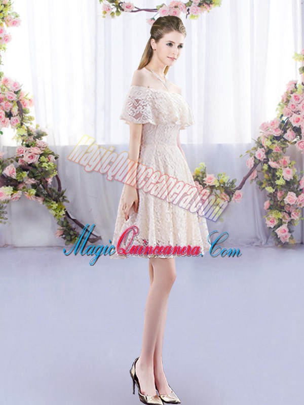 triumph Suitable Off The Shoulder Short Sleeves Lace Up Lace Quinceanera Dama Dress in Champagne