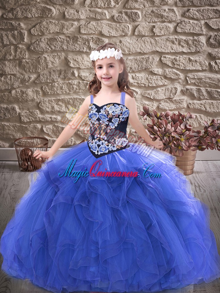  Royal Blue Straps Neckline Embroidery and Ruffles Pageant Dress Sleeveless Lace Up