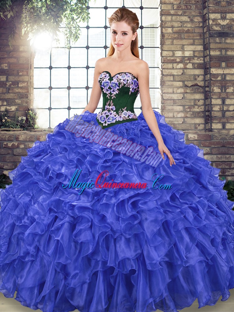 triumph Fashionable Sweep Train Mermaid 15 Quinceanera Dress Royal Blue Sweetheart Organza Sleeveless Lace Up
