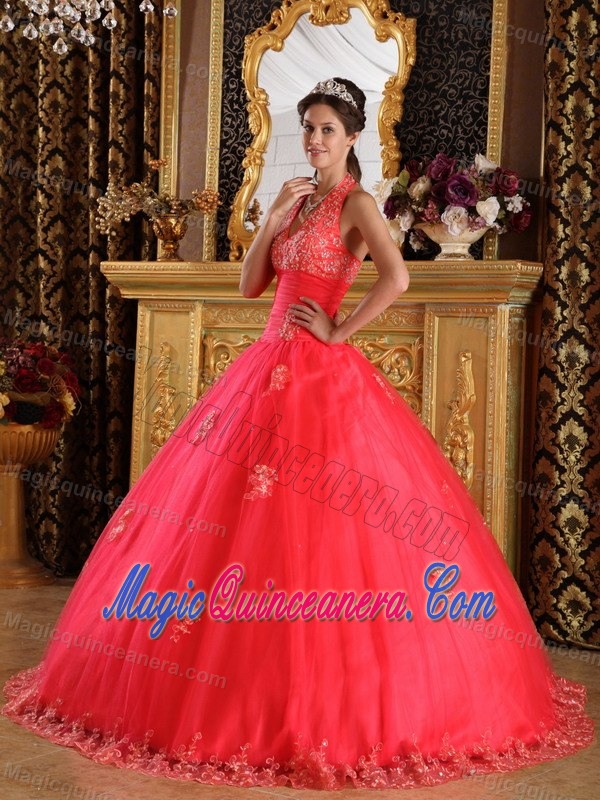 Free Shipping Halter Top Coral Red Appliqued Quinceanera Dress