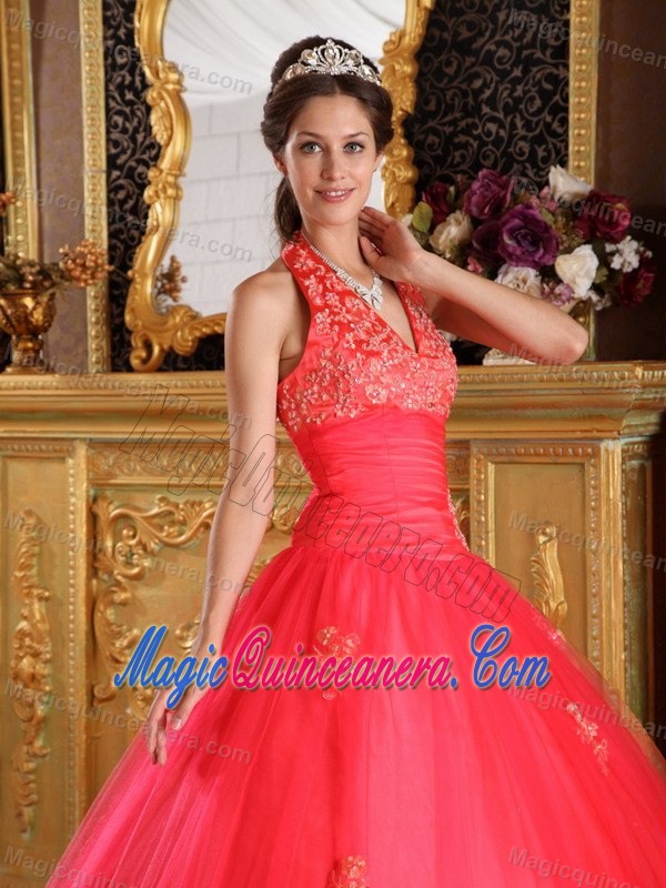 Free Shipping Halter Top Coral Red Appliqued Quinceanera Dress