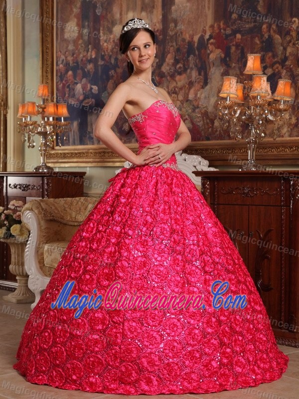 Embossed Fabric Hot Pink Appliqued Dresses for Sweet 16