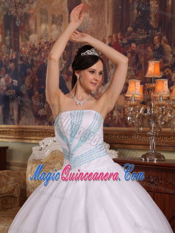 White Strapless Sweet 15 Dress with Blue Rhinestones in Chajul