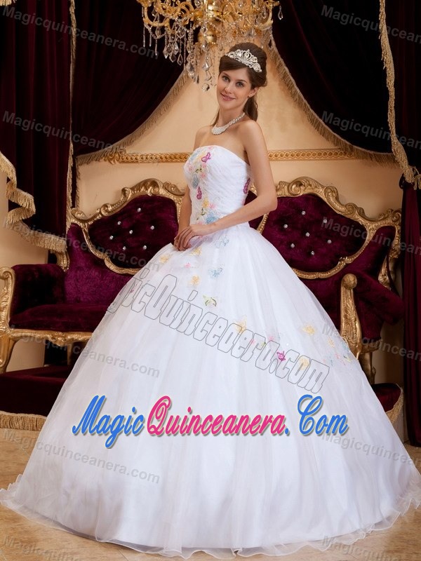White Strapless Dresses for Quince with Colorful Appliques