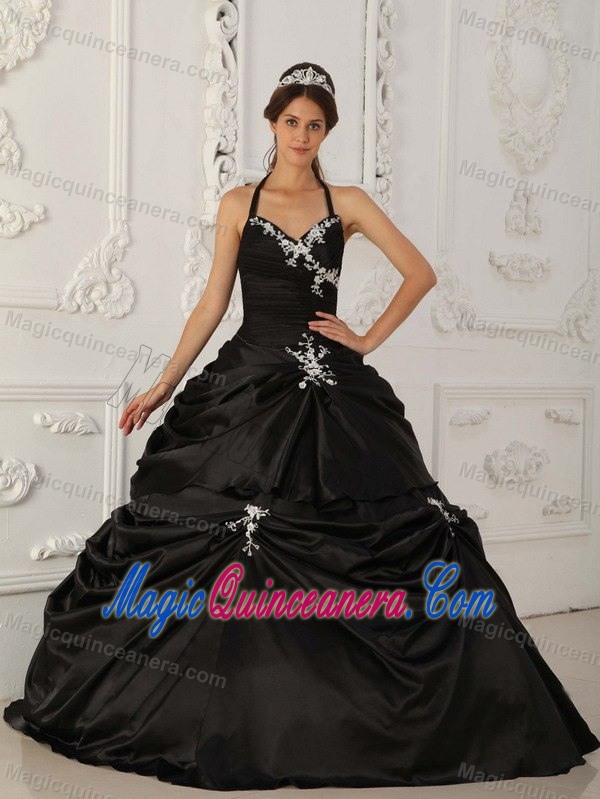 Halter Top Black Taffeta Quinces Dresses with White Appliques