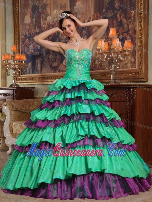 Colorful Sweetheart Beaded Dress for Quince with Ruffled Layers