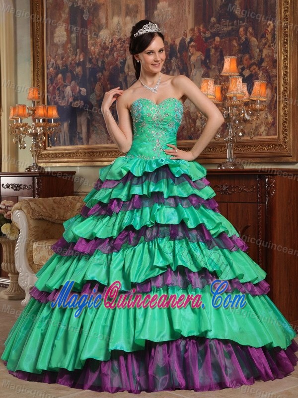 Colorful Sweetheart Beaded Dress for Quince with Ruffled Layers