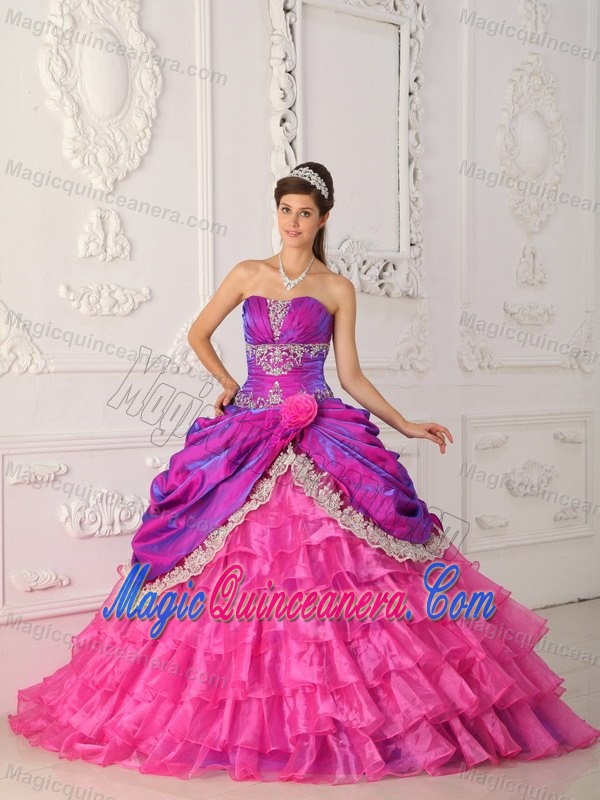 Cheap Hot Pink and Purple Ruffled Appliqued Quinceanera Dress