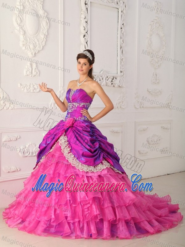 Cheap Hot Pink and Purple Ruffled Appliqued Quinceanera Dress