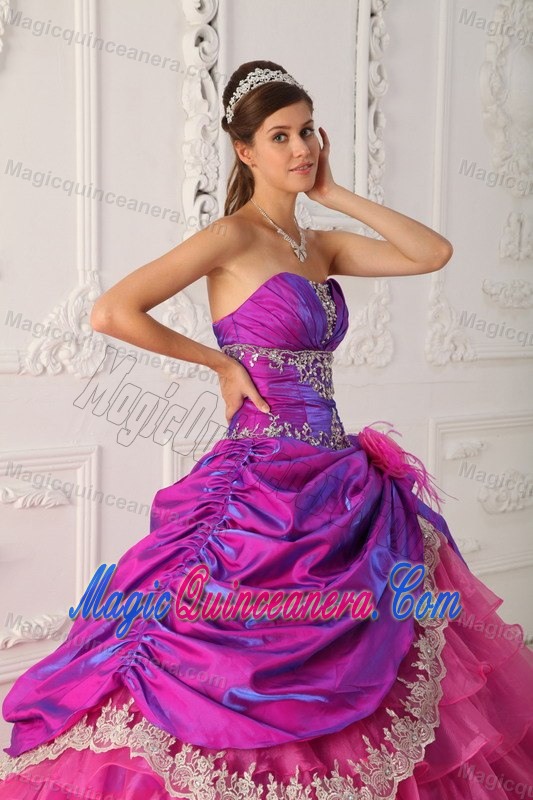 Cheap Hot Pink and Purple Ruffled Appliqued Quinceanera Dress