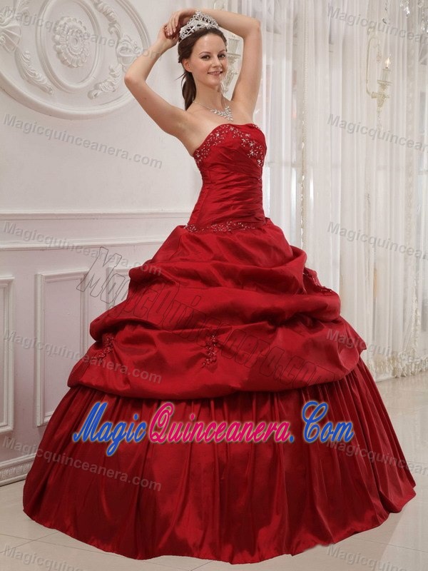 Ball Gown Wine Red Pick Ups Strapless Quinceanera Party Dress