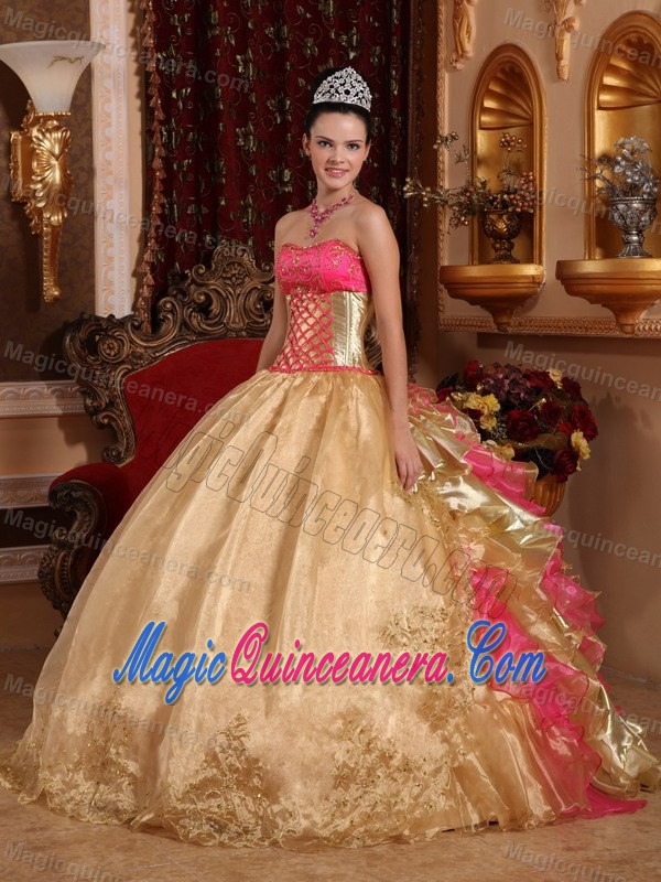 Gold and Pink Ball Gown Appliqued Sweet 15 Dresses in Chajul