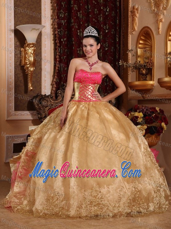 Gold and Pink Ball Gown Appliqued Sweet 15 Dresses in Chajul