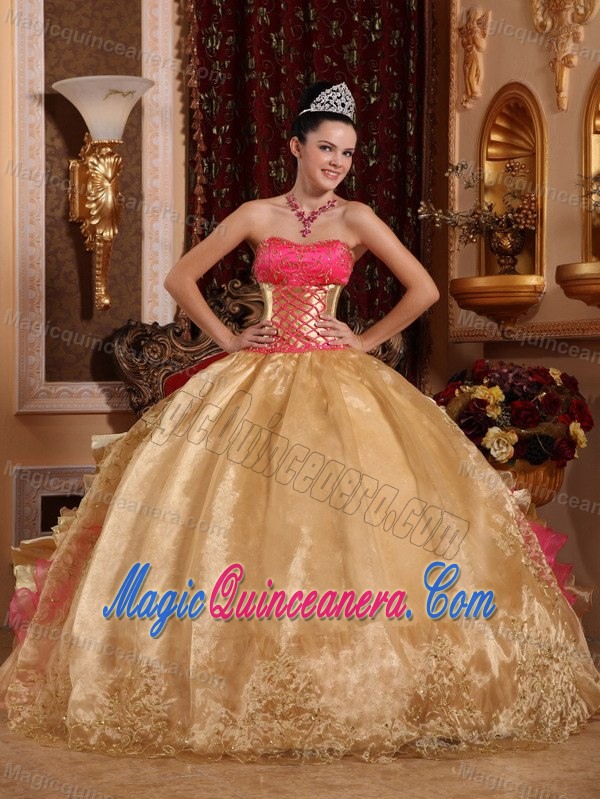 Gold and Pink Ball Gown Appliqued Sweet 15 Dresses in Chajul