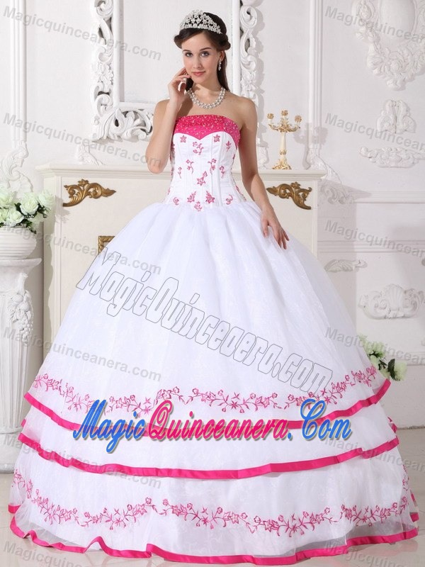 White and Hot Pink Ball Gown Embroidery Quinceanera Dresses