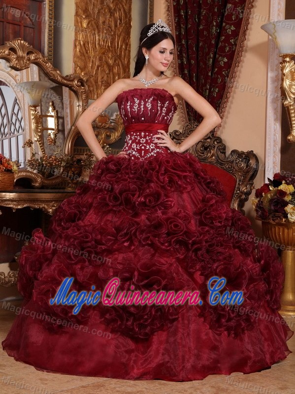 Custom Made Burgundy Quinceanera Dress with Rolling Flowers