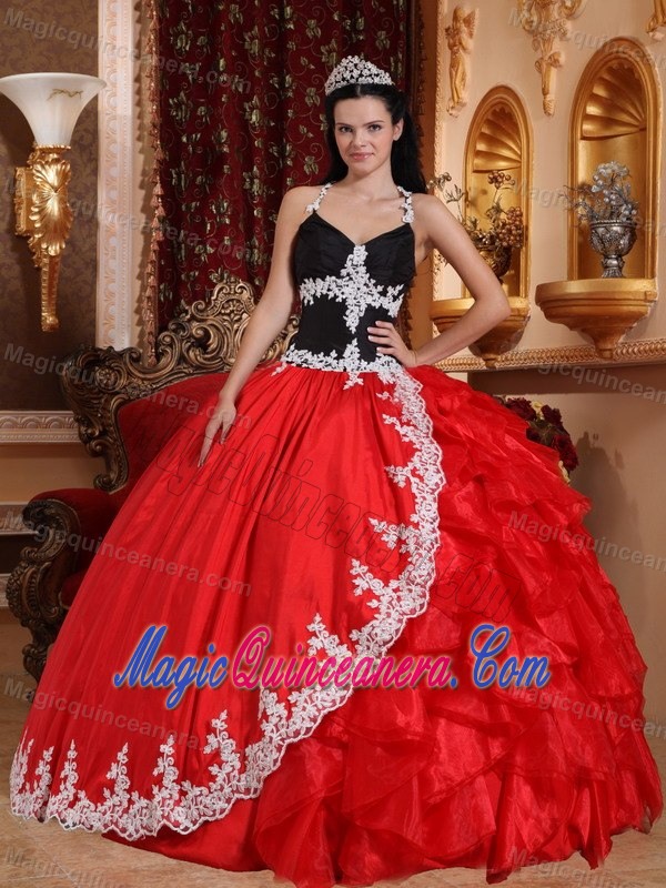 Multi-Color Halter Top Appliqued Ruffled Quinces Dress in Chajul