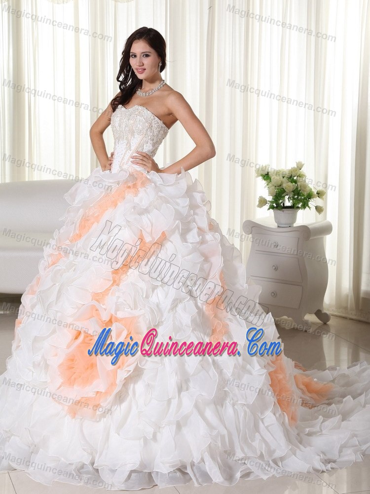 White and Orange Appliqued Dress for Sweet 15 with Flowers
