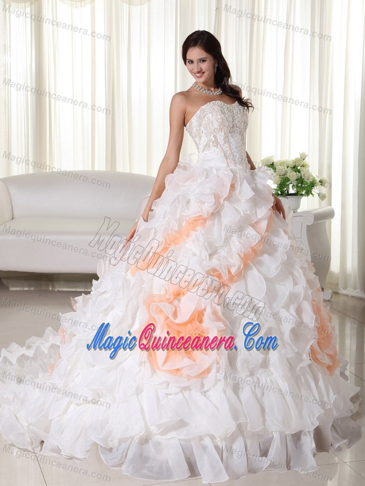 White and Orange Appliqued Dress for Sweet 15 with Flowers