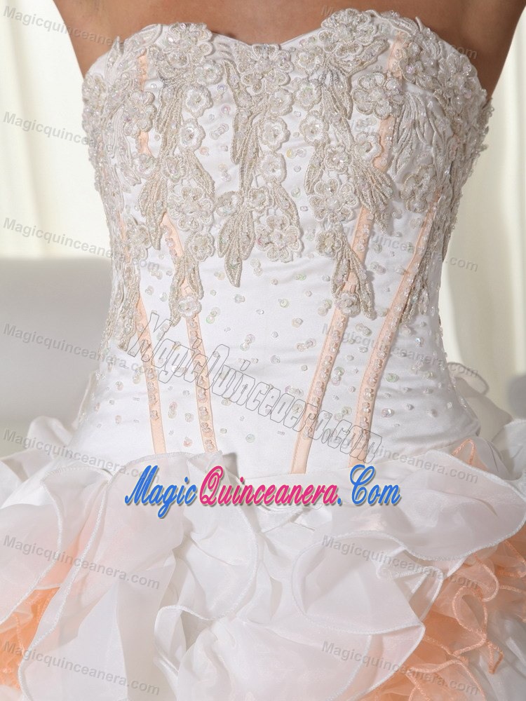 White and Orange Appliqued Dress for Sweet 15 with Flowers