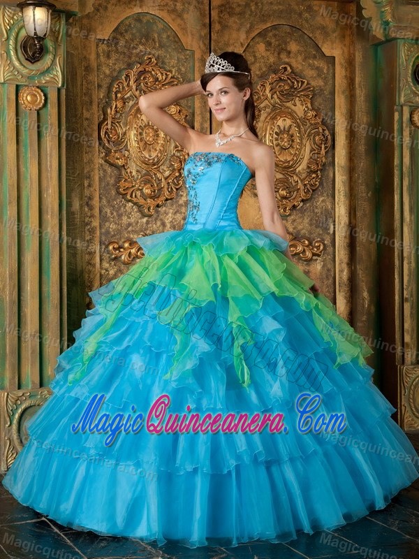 Strapless Two-toned Ruffled Layers Appliqued Quinceanera Dress