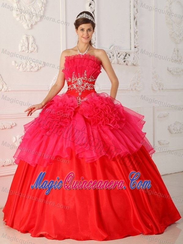 Traditional Red Organza Flowers Sweet 16 Dresses in Panajachel