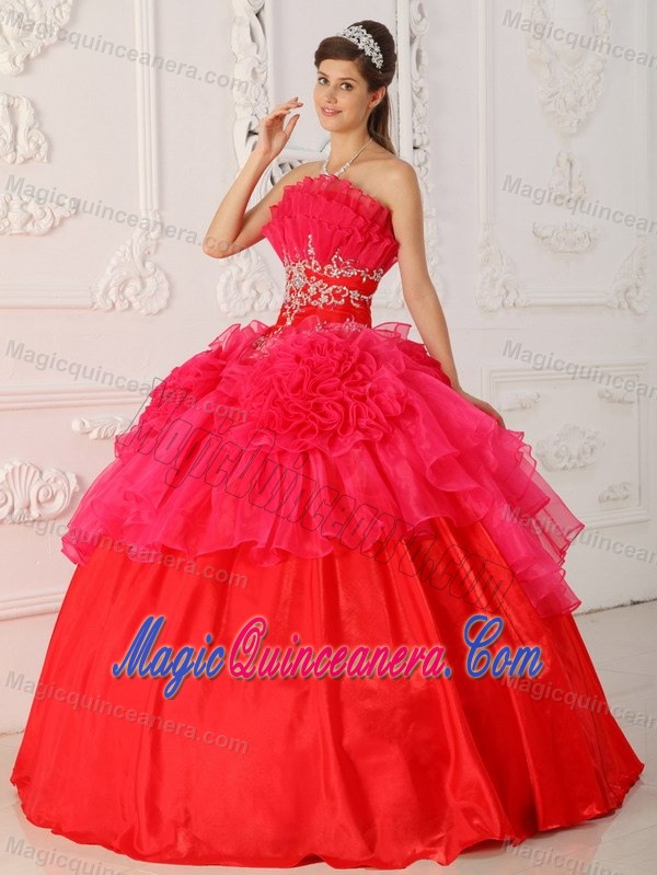 Traditional Red Organza Flowers Sweet 16 Dresses in Panajachel