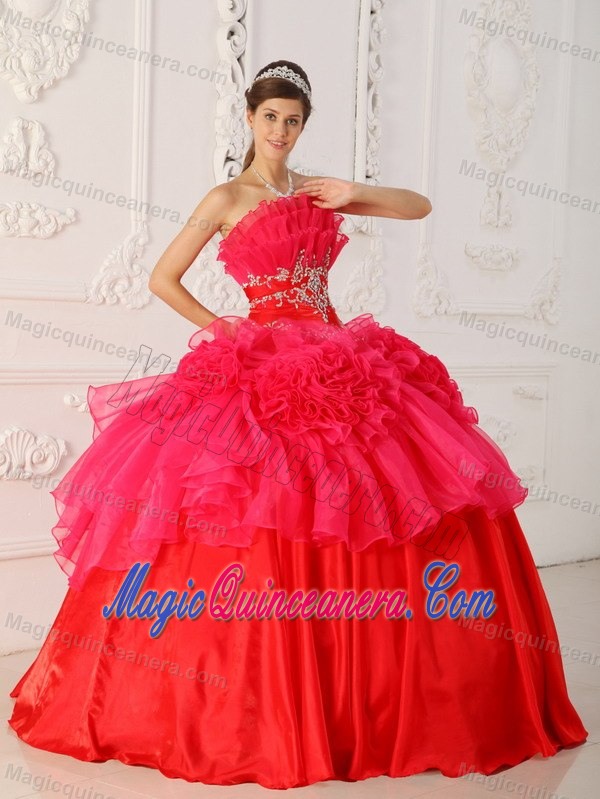 Traditional Red Organza Flowers Sweet 16 Dresses in Panajachel