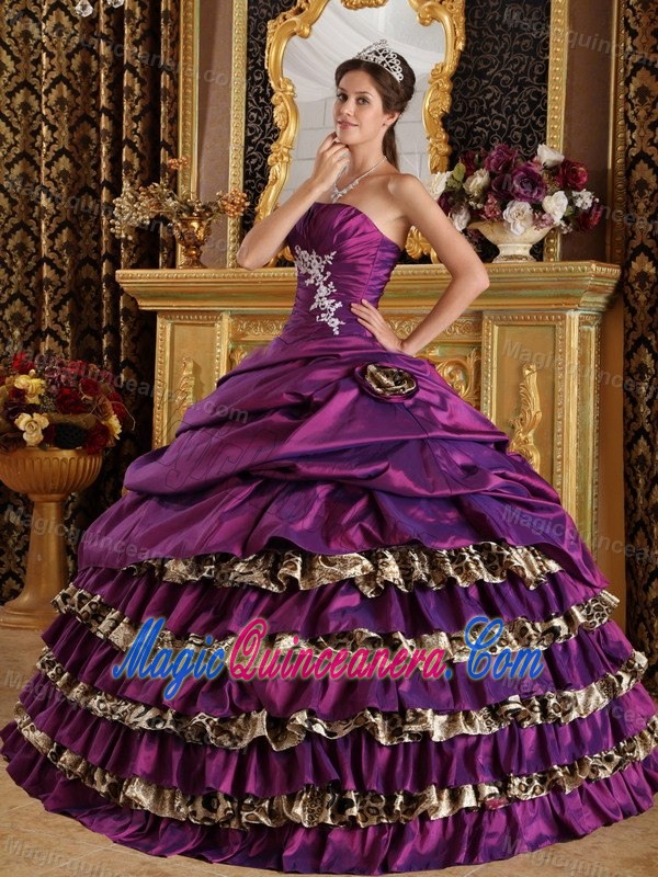 One Shoulder Ruffled Purple Sweet 16 Dress with Leopard Print