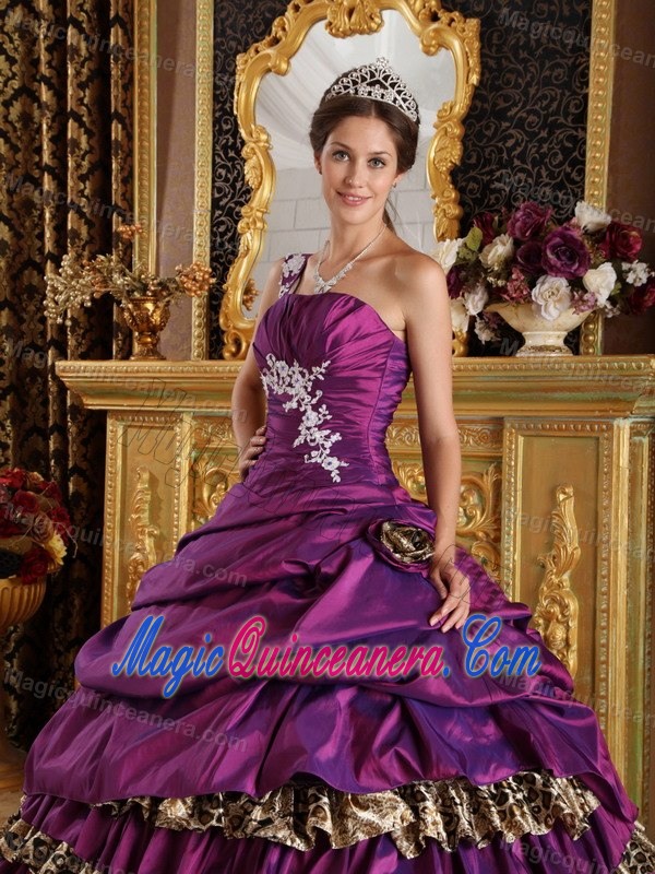 One Shoulder Ruffled Purple Sweet 16 Dress with Leopard Print