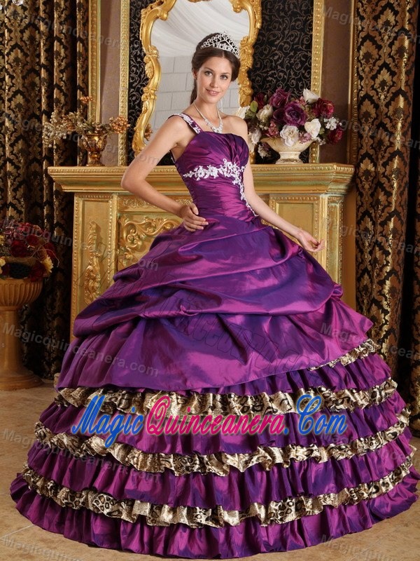 One Shoulder Ruffled Purple Sweet 16 Dress with Leopard Print