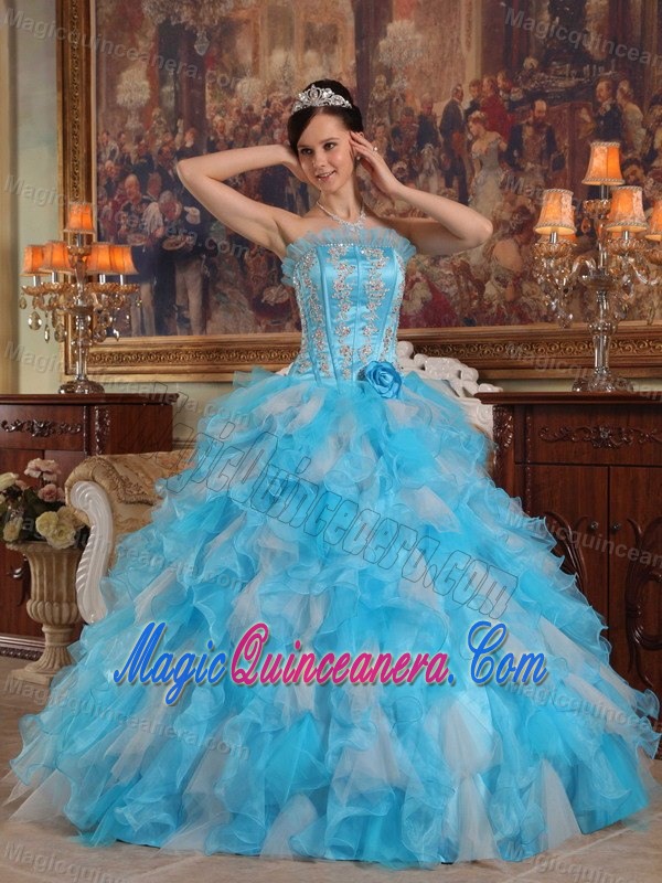 Strapless Appliqued Ruffled Aqua Blue Sweet 16 Dress in Rosario