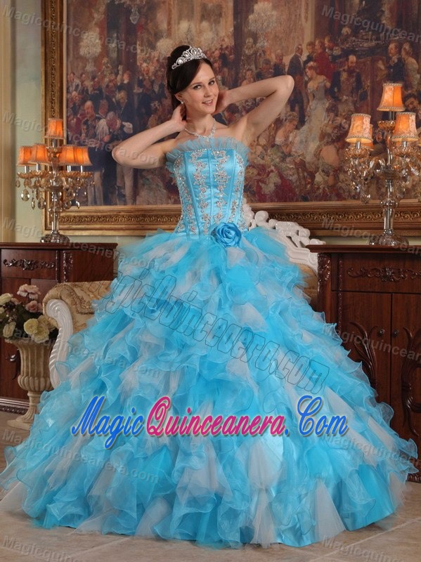 Strapless Appliqued Ruffled Aqua Blue Sweet 16 Dress in Rosario