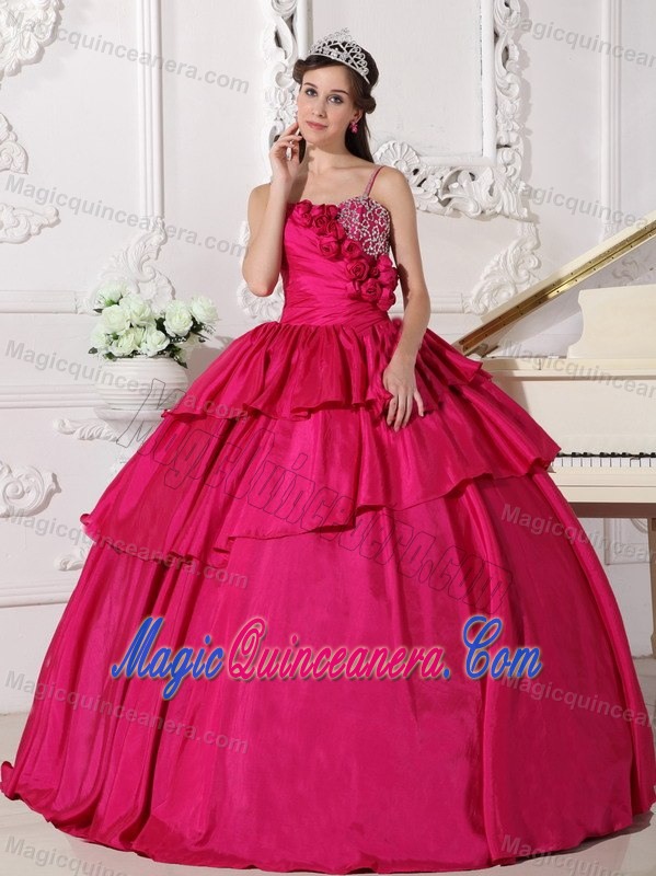 Hot Pink Flowers Spaghetti Straps Quinceanera Dress under 200