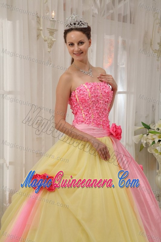 Pretty Pink and Yellow Sweet 16 Dress with Handmade Flowers