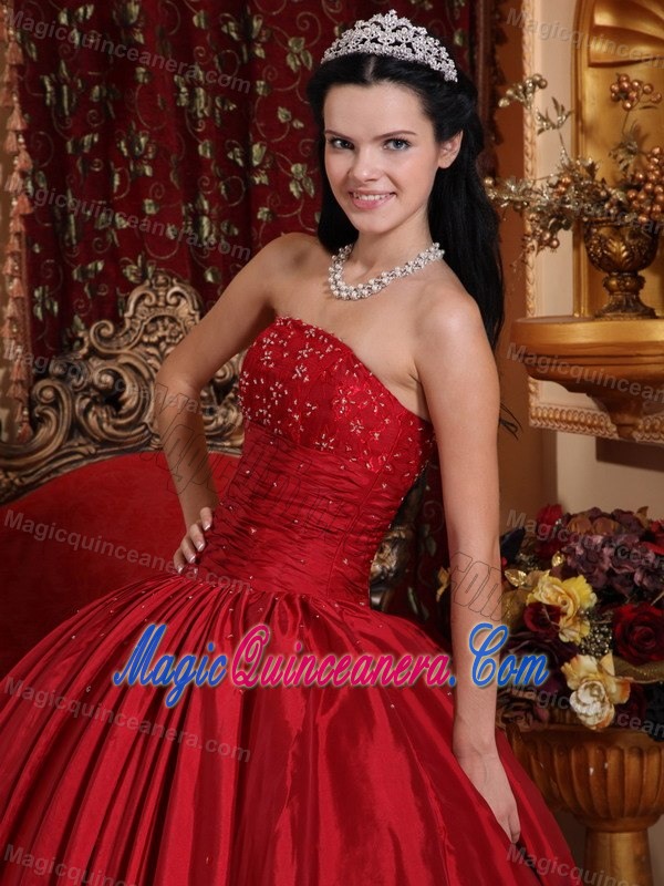 Cheap Strapless Ball Gown Beaded Red Quinceanera Party Dress