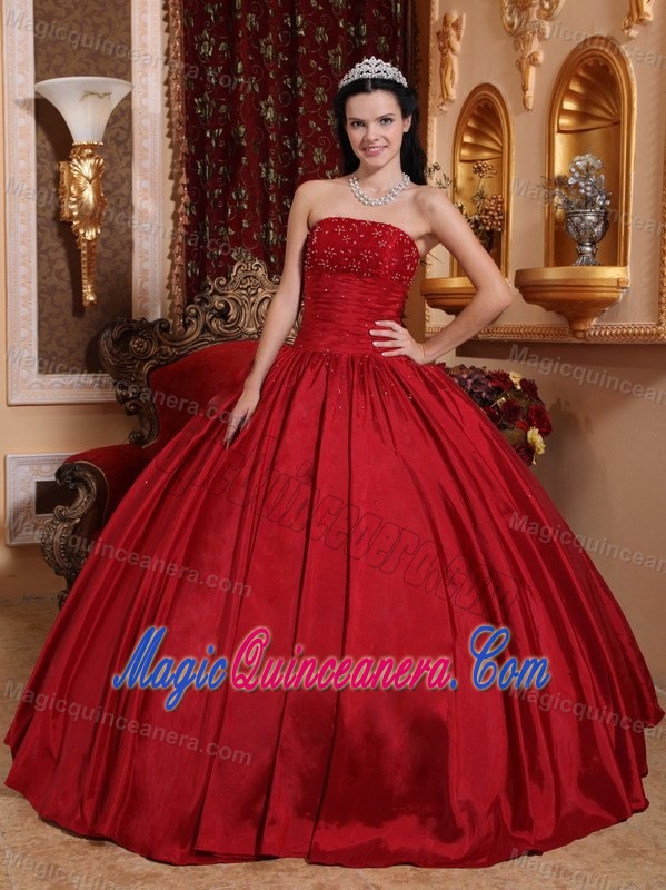 Cheap Strapless Ball Gown Beaded Red Quinceanera Party Dress