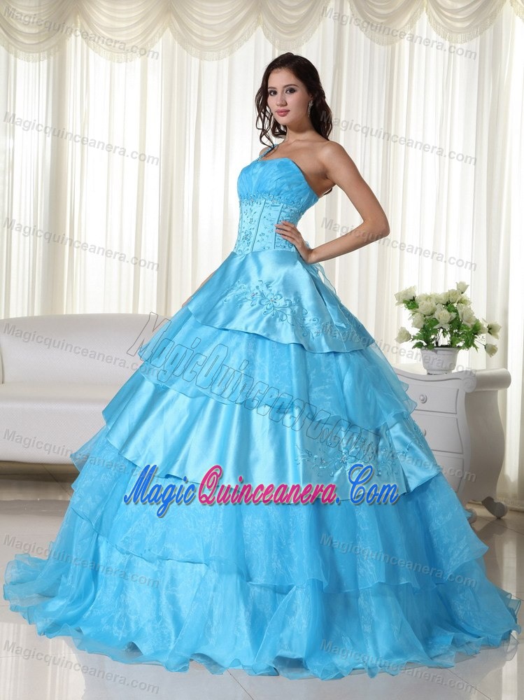 Multi-tiered one Shoulder Appliqued Aqua Blue Sweet 16 Dresses