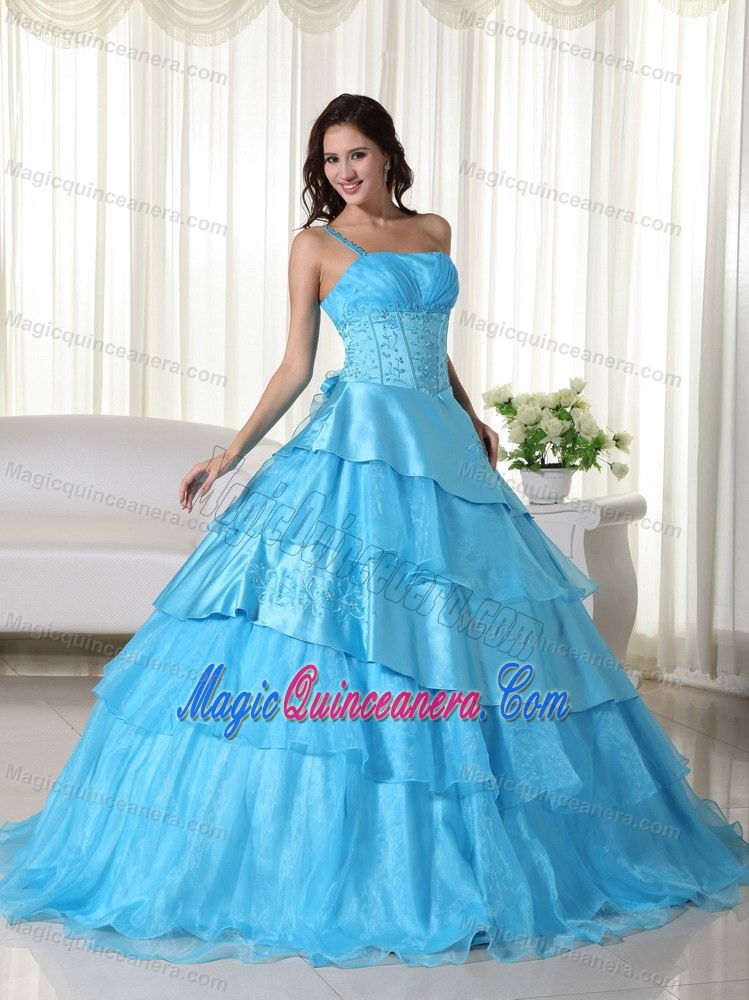 Multi-tiered one Shoulder Appliqued Aqua Blue Sweet 16 Dresses